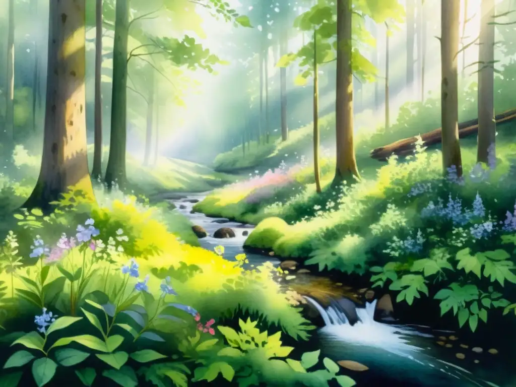 Una pintura acuarela de alta resolución, con un bosque brumoso y sereno, rayos de sol, flores silvestres y un arroyo