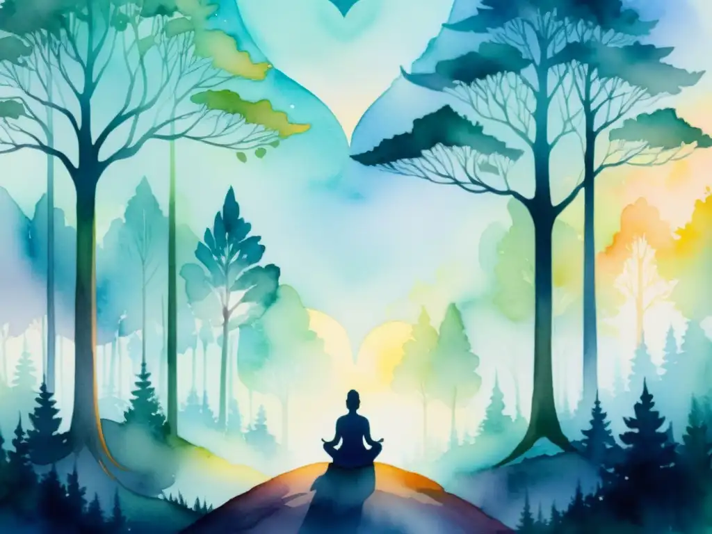 Una pintura acuarela de un bosque místico al atardecer, con una figura meditando