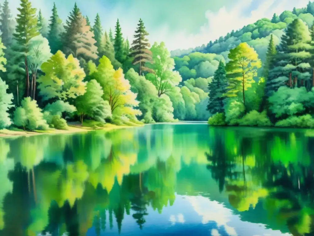 Una pintura acuarela de un bosque sereno con árboles verdes vibrantes y un lago brillante y reflectante