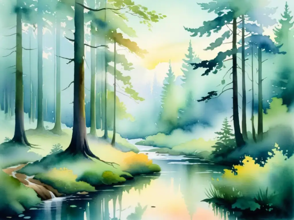 Una pintura acuarela de un bosque sereno y neblinoso al amanecer