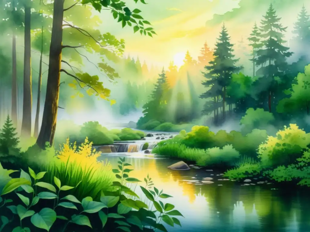 Una pintura acuarela de 8k detalla un bosque sereno con follaje verde vibrante, arroyos suaves y un amanecer cálido