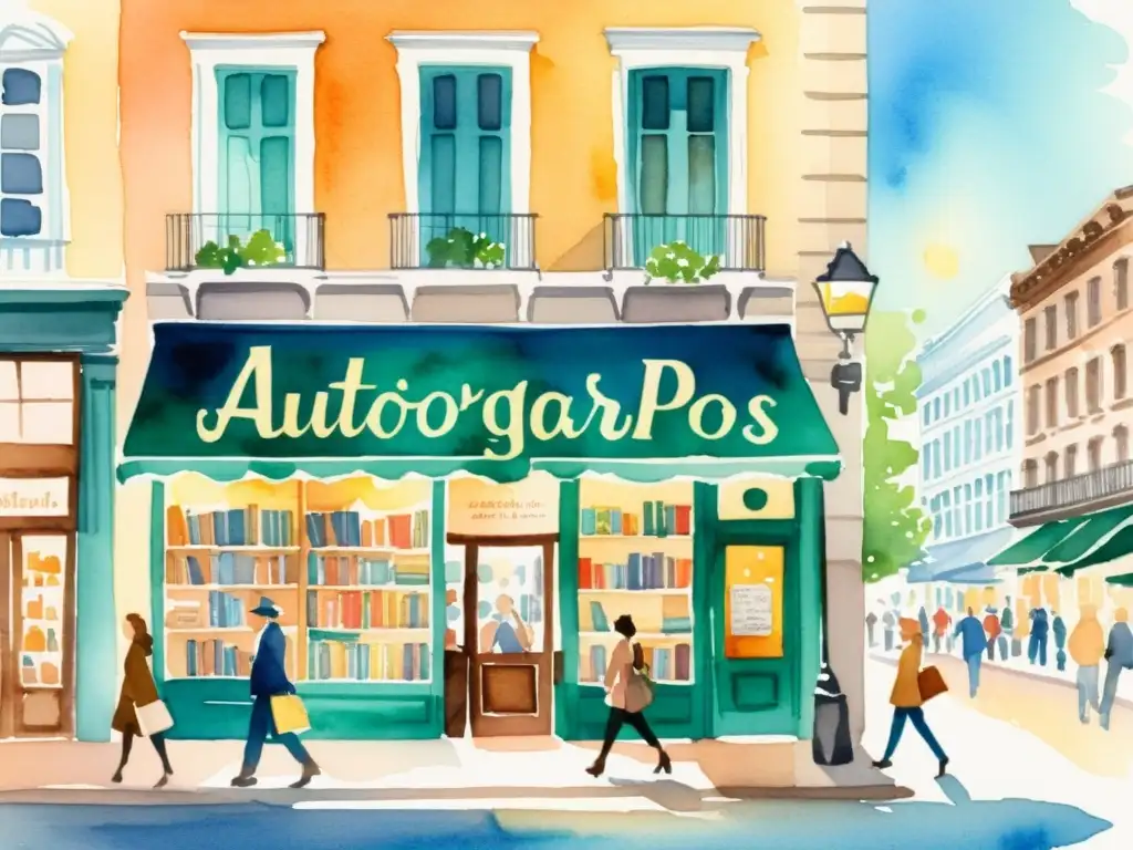 Una pintura de acuarela de una bulliciosa calle de la ciudad con una librería vintage en medio de edificios modernos