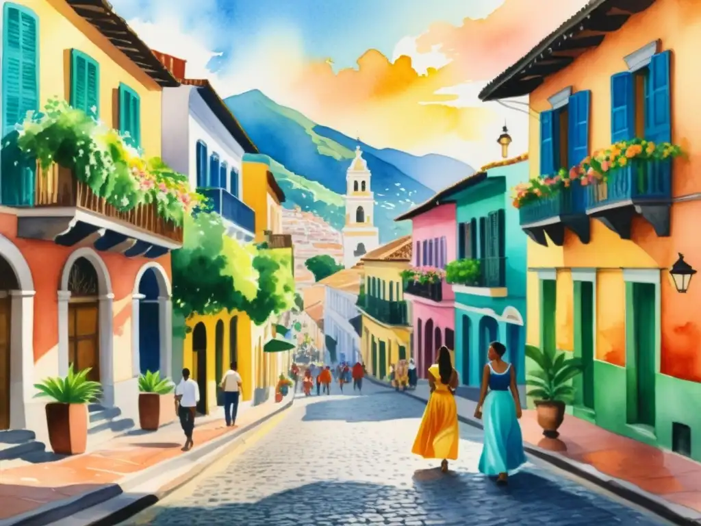 Una pintura acuarela de una bulliciosa calle histórica iberoamericana, con edificios coloridos, gente conversando y luz dorada, reflejando la evolución poética de la ciudad