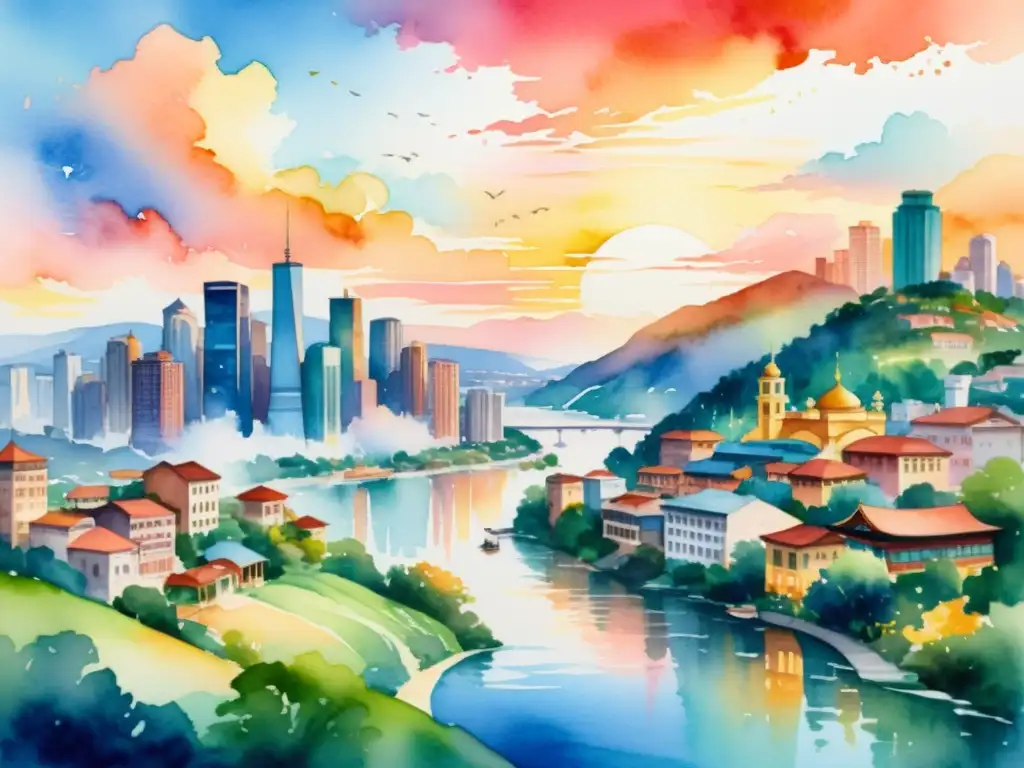 Una pintura acuarela de una ciudad diversa y vibrante rodeada de colinas, río y un cielo de atardecer