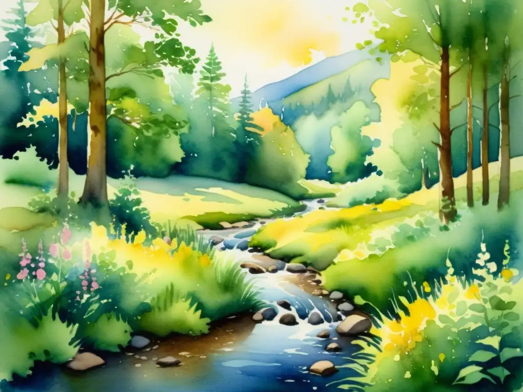 Una pintura en acuarela de un claro de bosque sereno y soleado con un pequeño arroyo, árboles exuberantes y flores silvestres