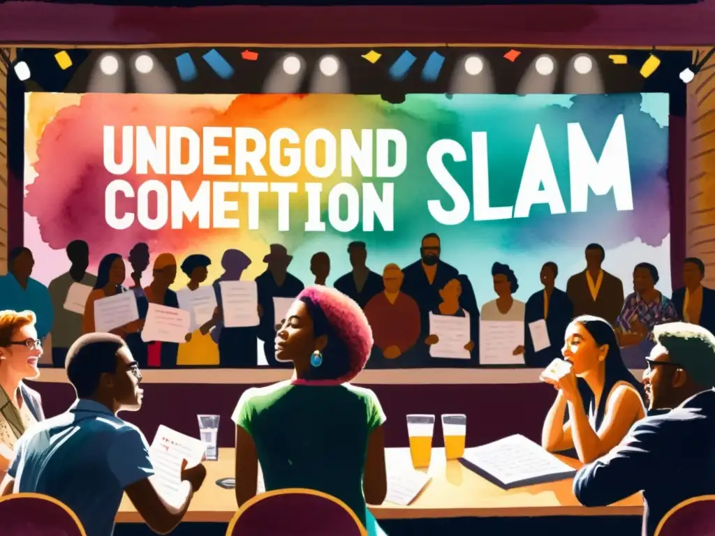 Una pintura acuarela detalla una competición de Slam Poetry mundial, con poetas apasionados actuando bajo focos en un ambiente íntimo y vibrante