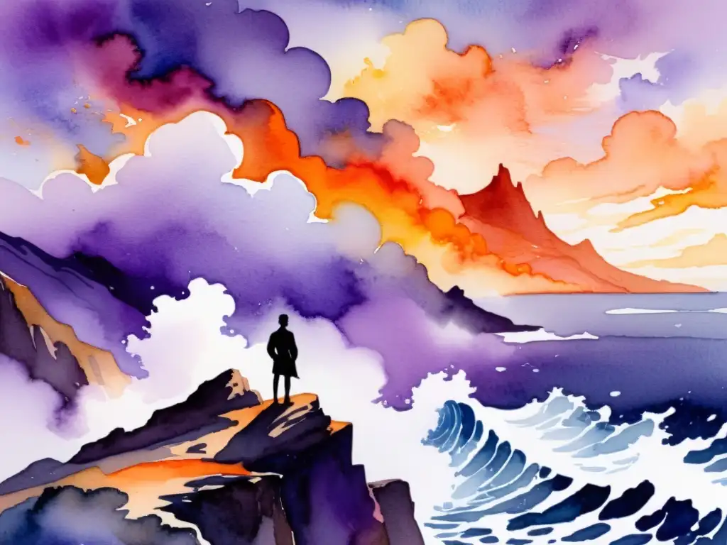 Una pintura acuarela delicada muestra a una figura solitaria en un acantilado, contemplando un mar turbulento y expansivo