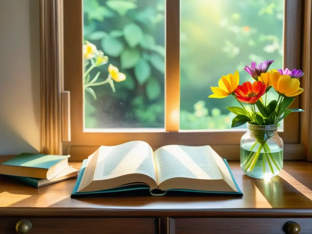 Una pintura de acuarela delicada de un libro vintage abierto en una mesa de madera, con flores coloridas y vibrantes brotando de sus páginas