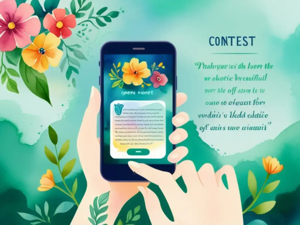 Una pintura acuarela detallada de una app de concursos poéticos digitales en un smartphone, con un diseño elegante y colores vibrantes, sostenido por manos delicadas con tatuajes poéticos