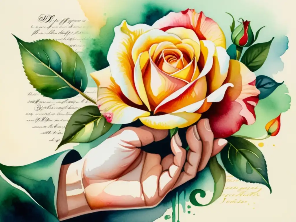 Una pintura de acuarela detallada que integra aromas y texturas poesía, con un poeta sosteniendo una rosa fragante y vibrante