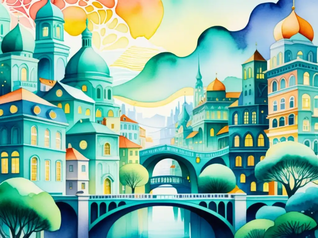 Acuarela detallada de ciudad surrealista con diseño web poético Una pintura al acuarela detallada de una ciudad vibrante y surrealista con diseños web caprichosos entrelazados con la arquitectura