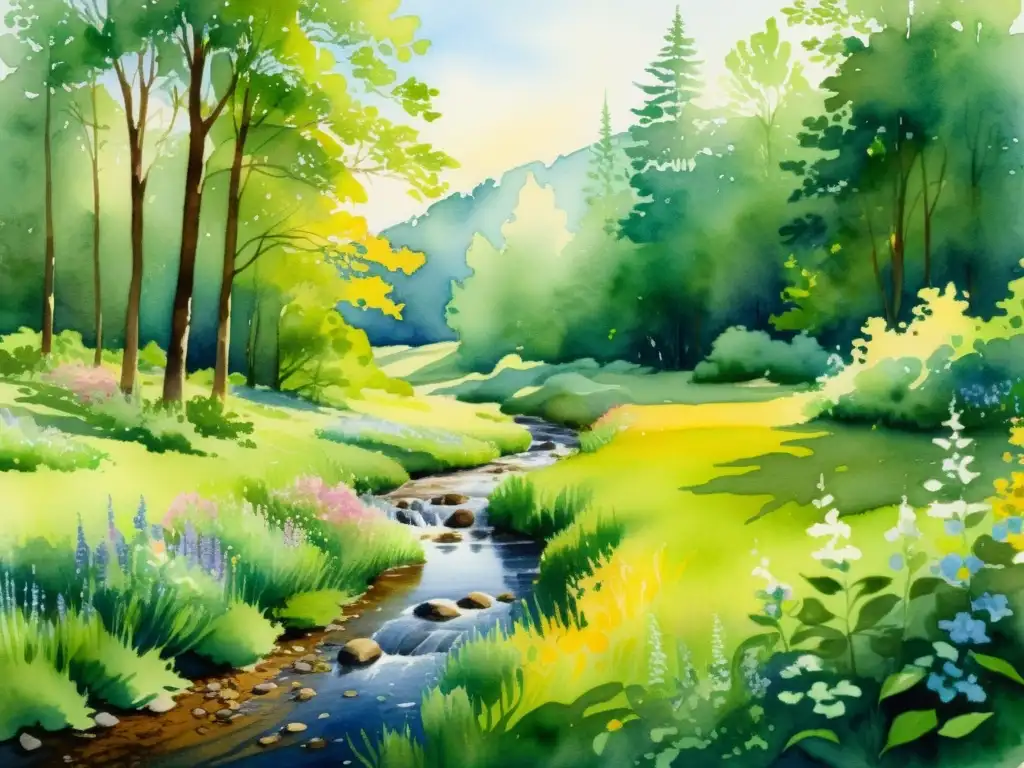 Una pintura acuarela detallada de un claro sereno en el bosque, con follaje verde vibrante, flores silvestres y un arroyo sinuoso