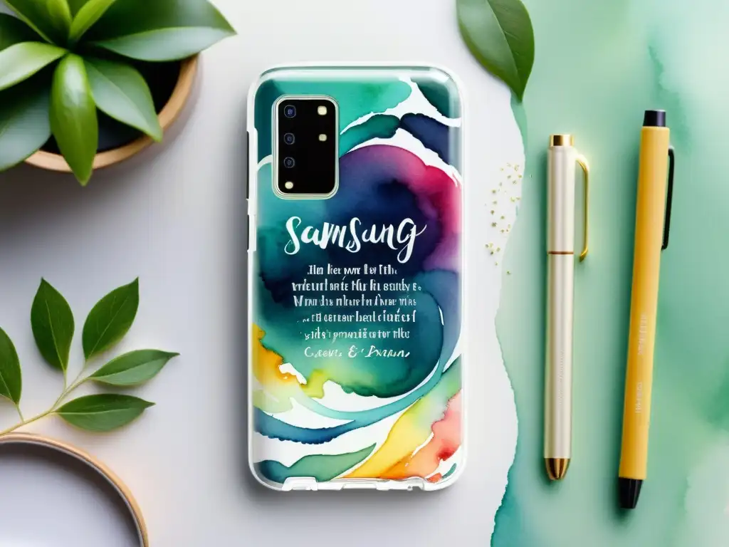 Una pintura en acuarela detallada de un elegante teléfono Samsung Galaxy con una funda personalizada llena de vibrantes versos de poesía