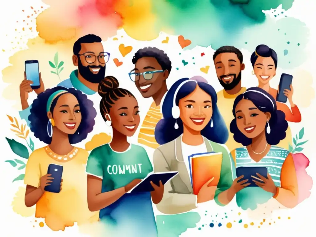 Evento de poesía virtual: unión global en acuarela Una pintura acuarela detallada de un evento poético online que une fronteras culturales mediante la tecnología y la poesía, mostrando la diversidad y conexión de personas de todo el mundo