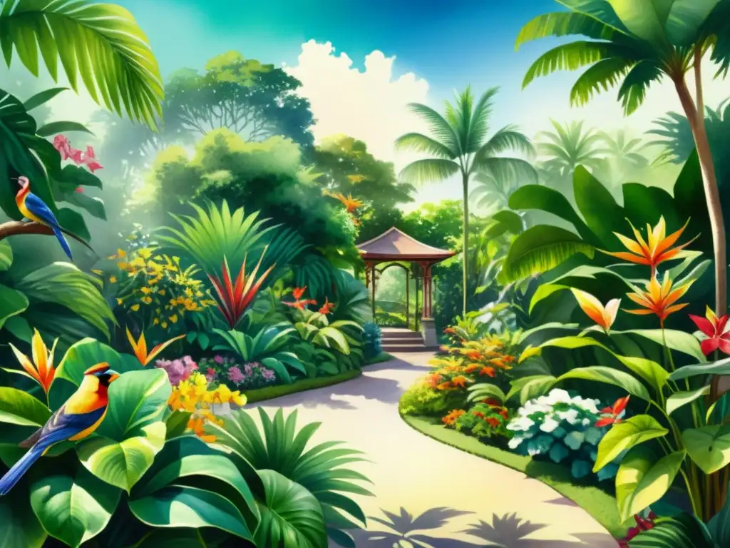 Una pintura acuarela detallada de un exuberante jardín tropical, con aves coloridas y flores delicadas