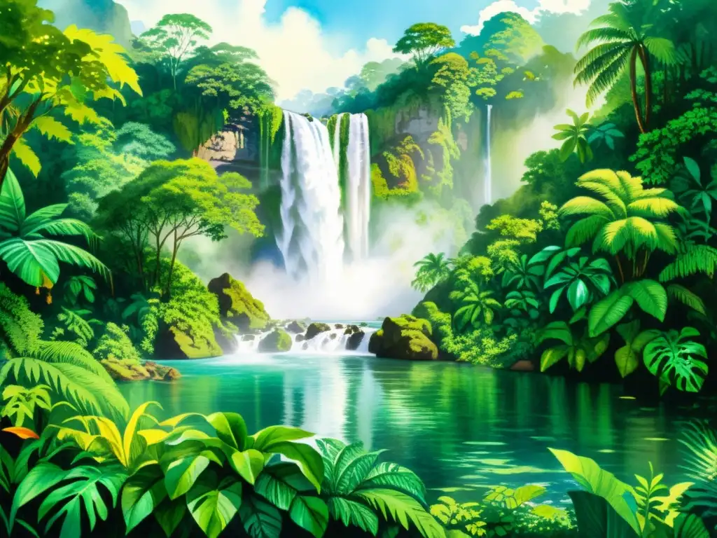 Una pintura de acuarela detallada de una exuberante jungla salvaje, con follaje tropical vibrante, cascadas y vida silvestre