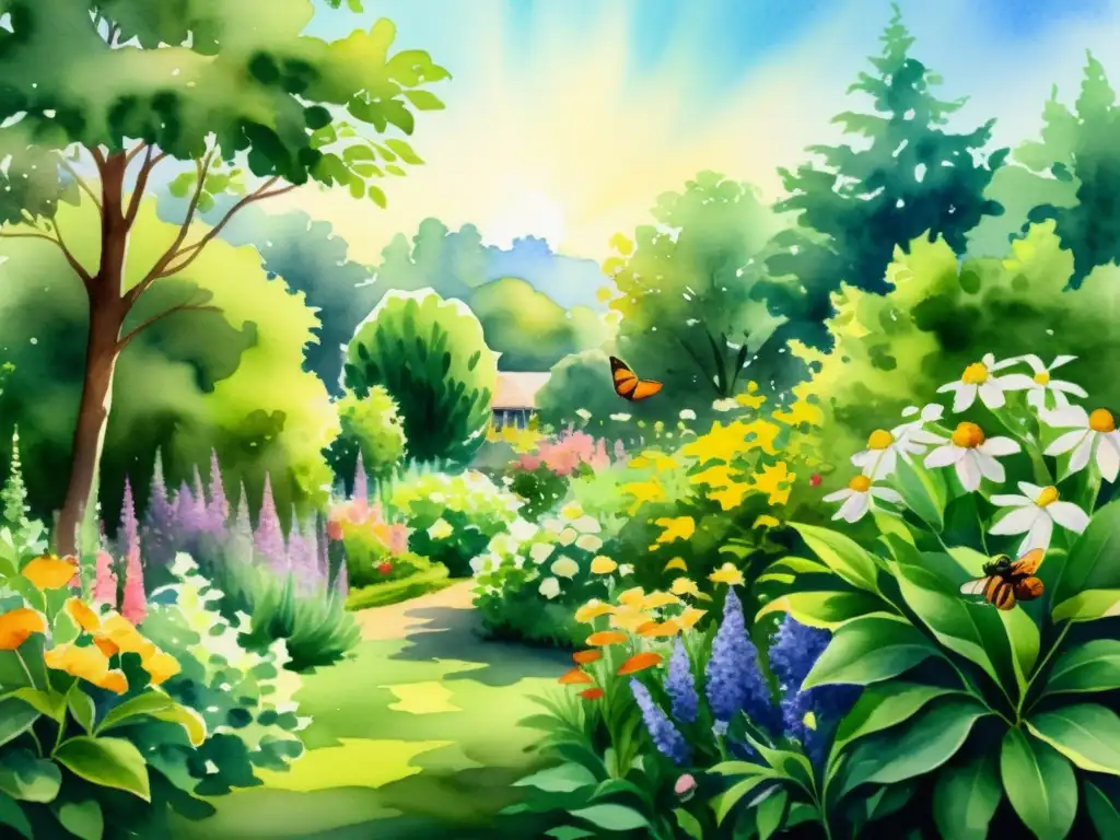 Una pintura acuarela 8k detallada de un exuberante jardín vibrante, con flores coloridas y fragantes