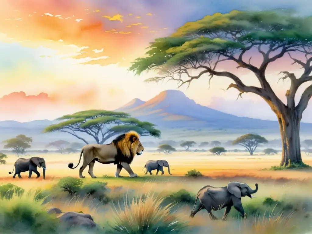 Una pintura acuarela detallada de la exuberante sabana africana, con leones, elefantes y poesía africana sobre la naturaleza