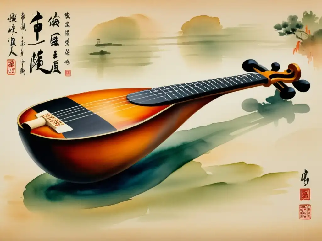 Una pintura acuarela detallada de un instrumento musical chino tradicional, como un guqin o pipa, sobre un fondo de poesía de la dinastía Tang