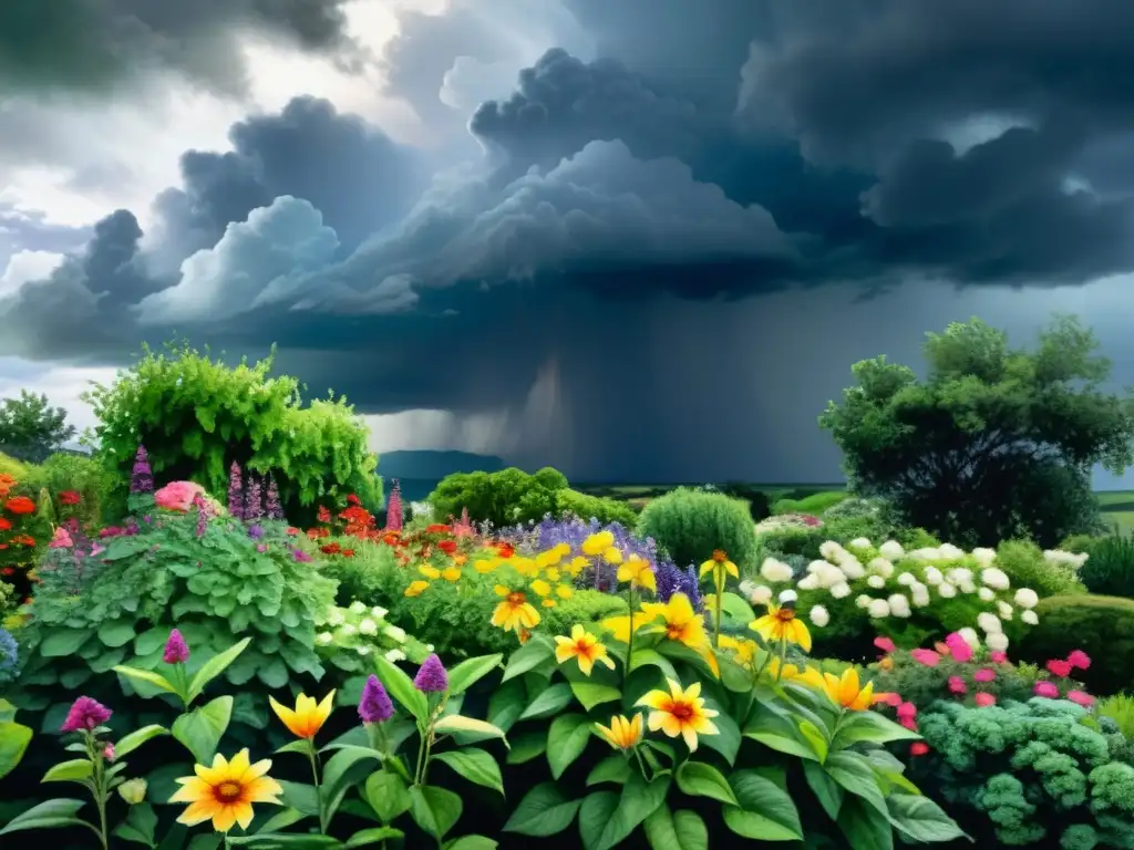 Una pintura de acuarela detallada de un jardín soleado, con flores vibrantes frente a nubes tormentosas