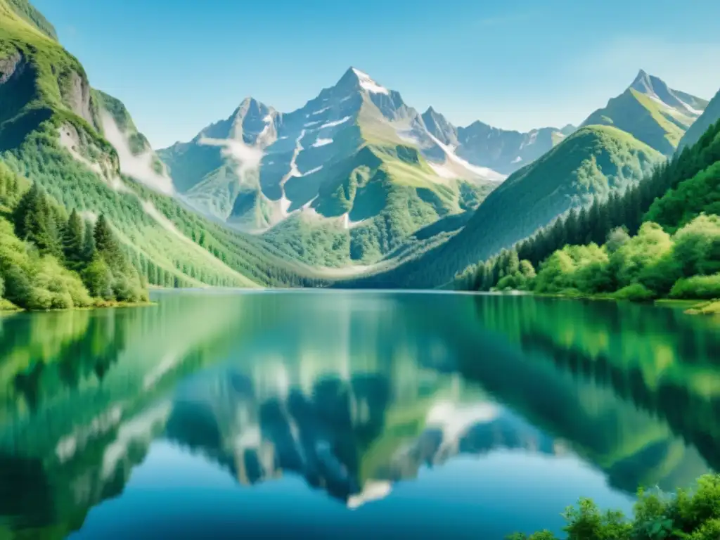 Una pintura acuarela 8k detallada de un lago sereno reflejando montañas simétricas, cielo azul y exuberante vegetación