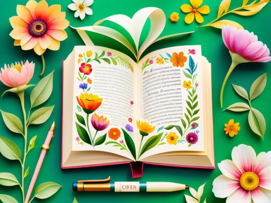 Una pintura acuarela detallada de un libro abierto en un jardín vibrante y floreciente, con símbolos literarios y revistas literarias colaboración internacional, evocando inspiración y conexión