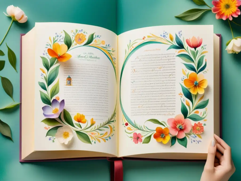 Una pintura acuarela detallada de un libro abierto con poesía bilingüe en medio de motivos florales vibrantes