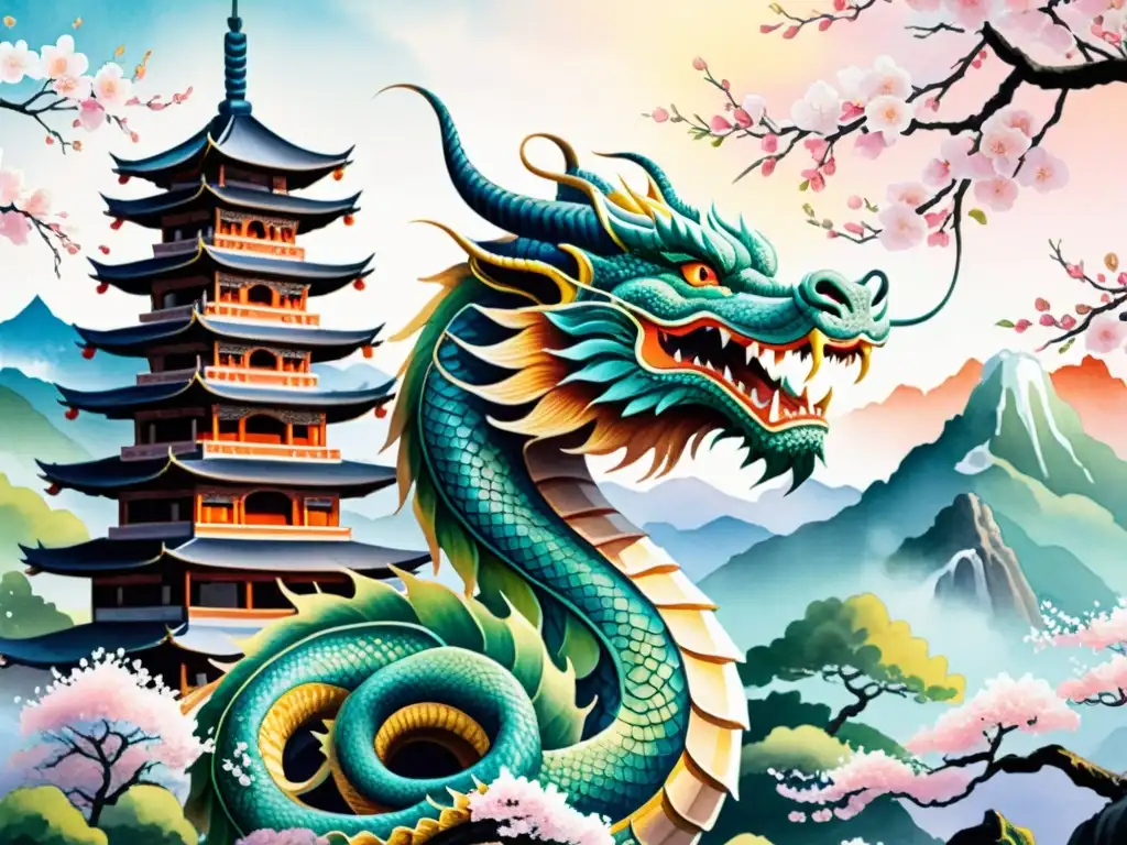 Dragón majestuoso en pagoda antigua Una pintura acuarela detallada de un majestuoso dragón enroscado alrededor de una antigua pagoda, con montañas brumosas y árboles de cerezos en flor