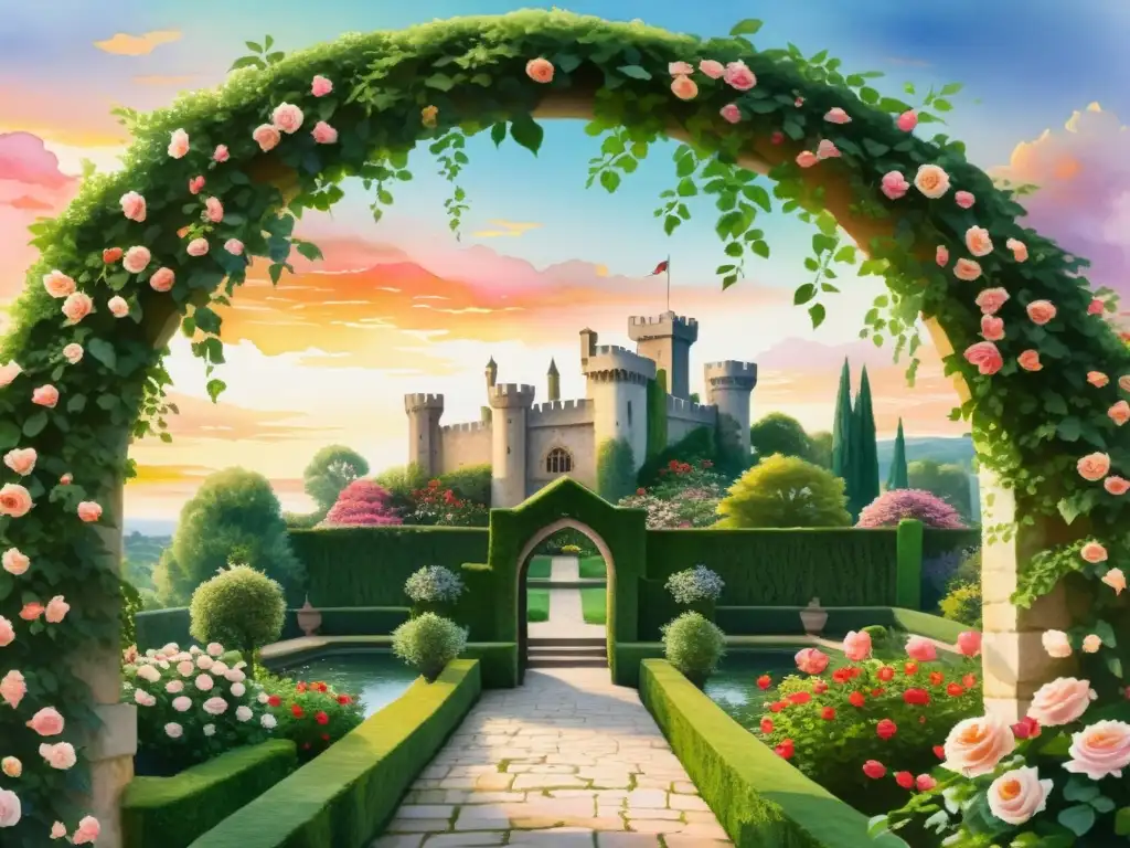 Una pintura acuarela detallada de un jardín medieval con flores vibrantes, un estanque sereno y un castillo al atardecer