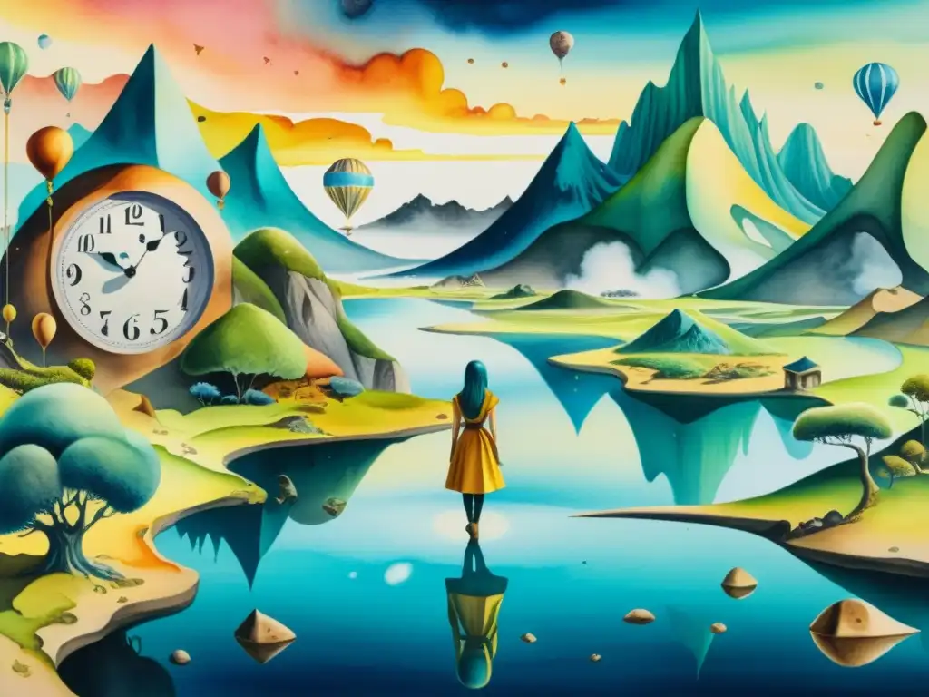 Una pintura acuarela detallada de un paisaje surrealista con relojes derretidos, objetos flotantes y criaturas fantásticas