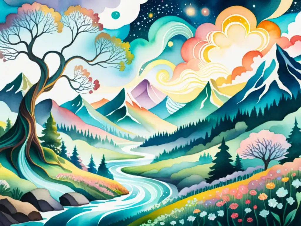 Una pintura acuarela detallada de un paisaje surrealista, con colores vibrantes y formas oníricas