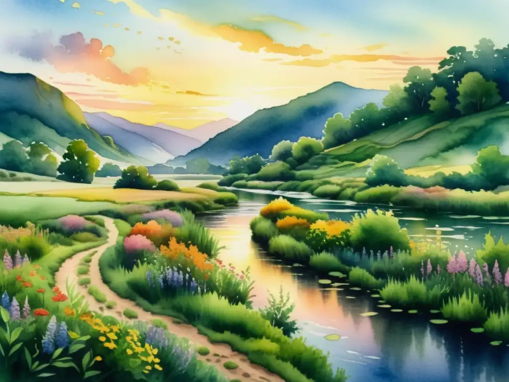 Una pintura acuarela detallada de un paisaje sereno con un río serpenteante reflejando los colores vibrantes del atardecer