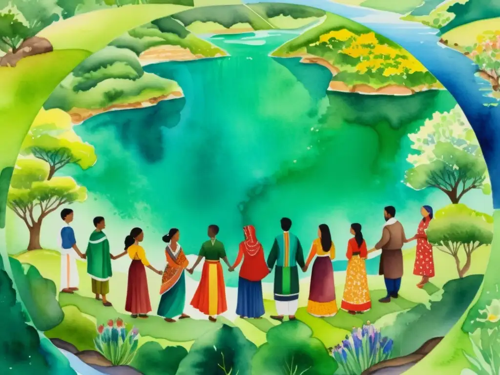 Armonía poética: vívido círculo multicultural unido Una pintura acuarela detallada muestra a personas de diferentes culturas recitando poesía juntas en un paisaje exuberante