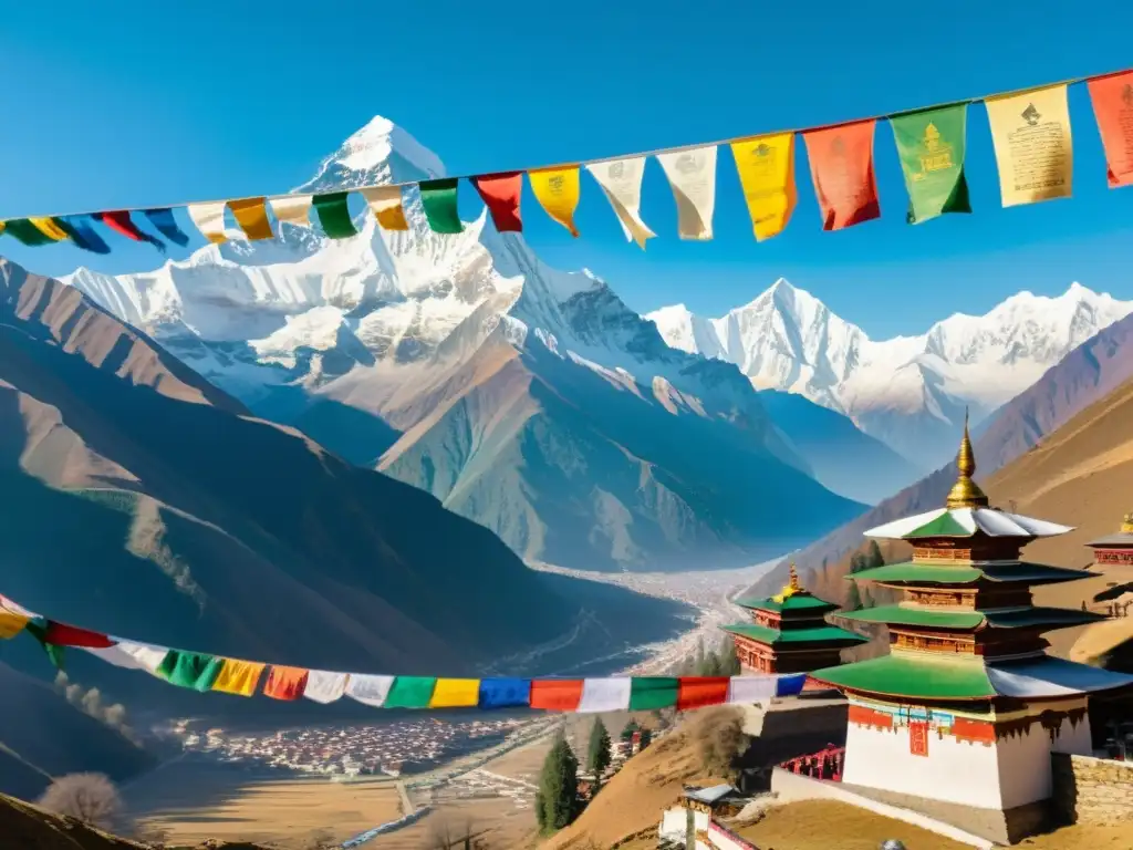 Una pintura acuarela detallada de los picos nevados del Himalaya, ondean coloridas banderas de oración y un monasterio sereno en el valle