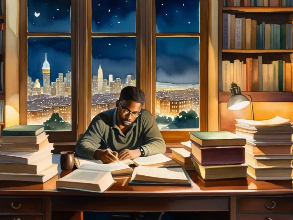 Una pintura de acuarela detallada muestra a un poeta en su escritorio, rodeado de libros y papeles, contemplando la ciudad bajo la luz de la luna