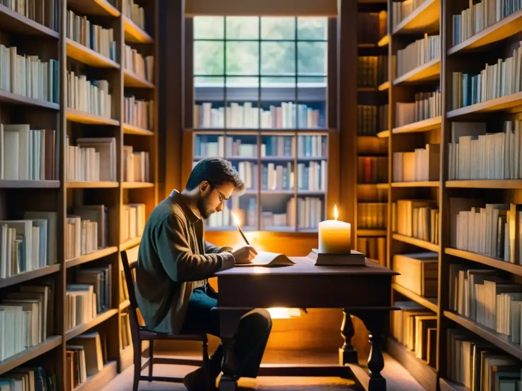 Una pintura de acuarela detallada de un poeta solitario escribiendo a la luz de una vela, rodeado de libros y con luz suave entrando por la ventana