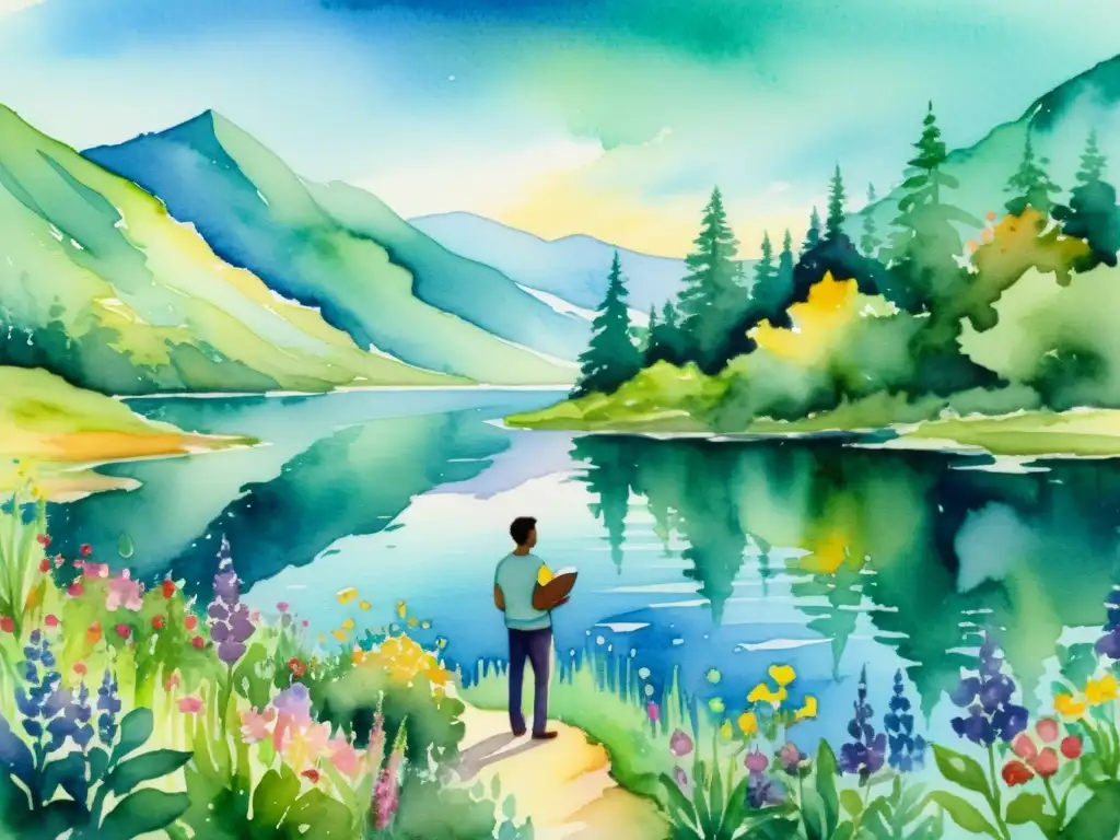 Una pintura de acuarela detallada muestra a un poeta junto a un lago, rodeado de naturaleza exuberante y flores silvestres