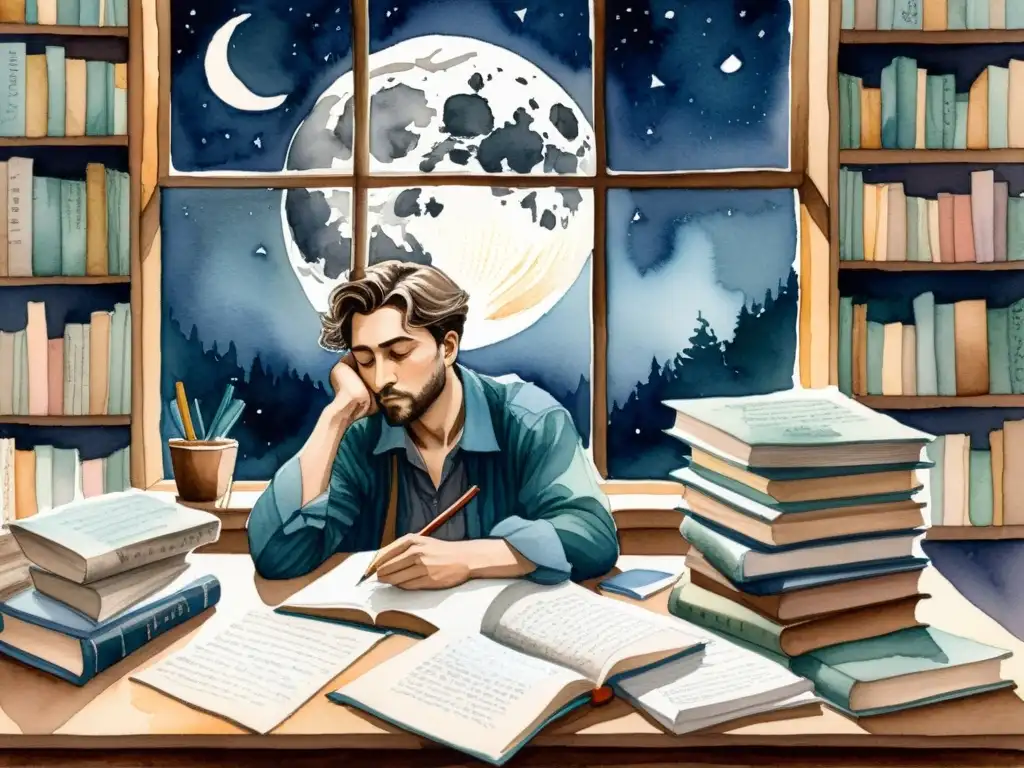 Una pintura acuarela detallada de un poeta reflexivo, rodeado de libros y papeles arrugados, contemplando la noche iluminada por la luna