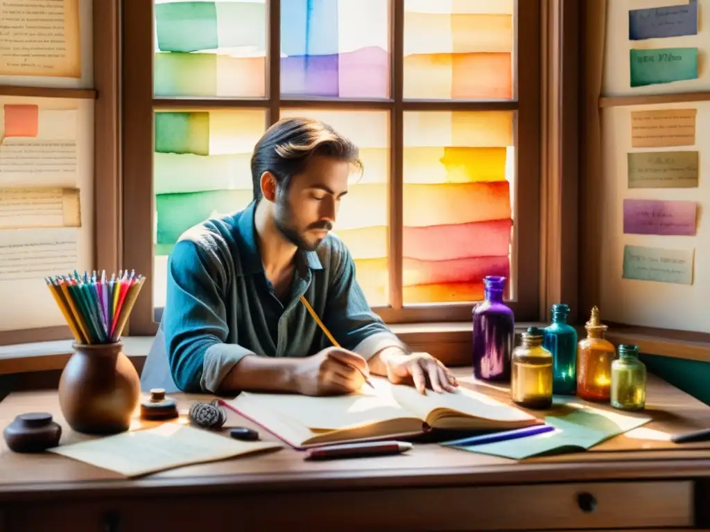 Una pintura acuarela detallada de un poeta en su escritorio, rodeado de herramientas de escritura coloridas