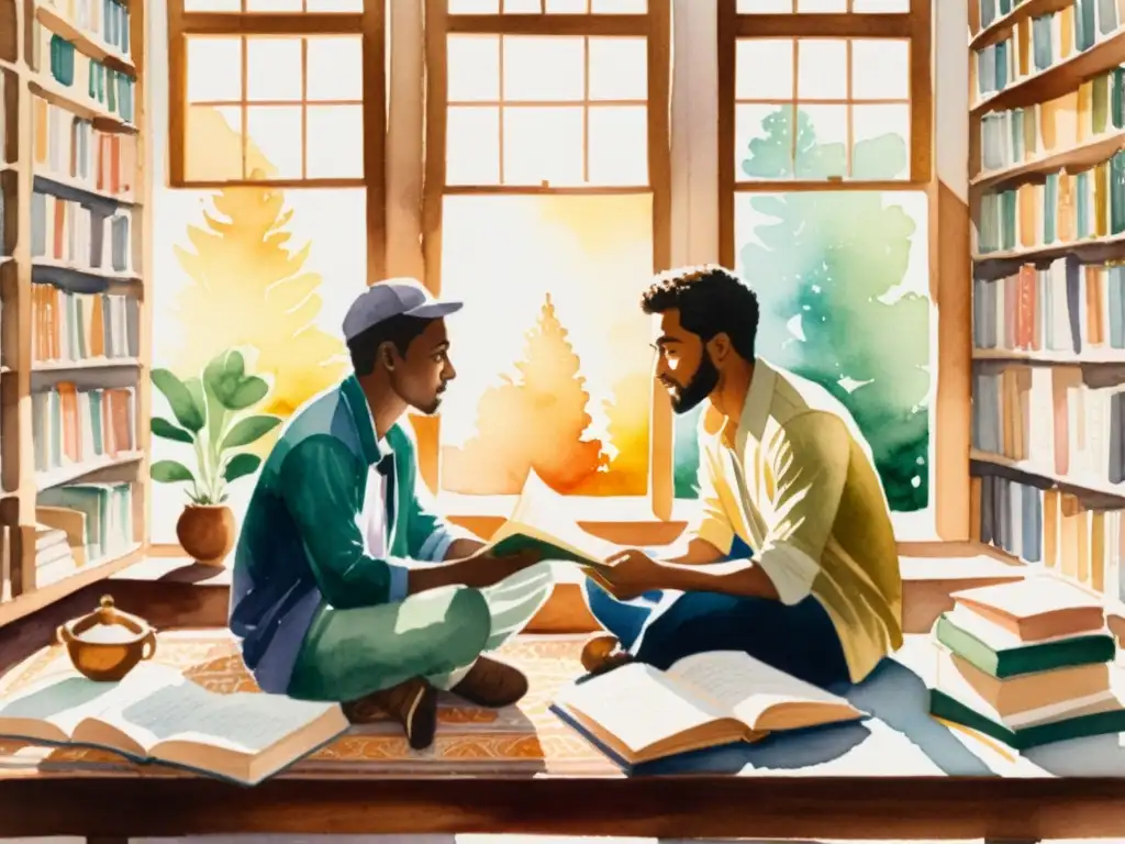 Encuentro poético multicultural: inspiración compartida Una pintura acuarela detallada de dos poetas de diferentes países conversando en un ambiente cálido y colaborativo, rodeados de libros y papeles