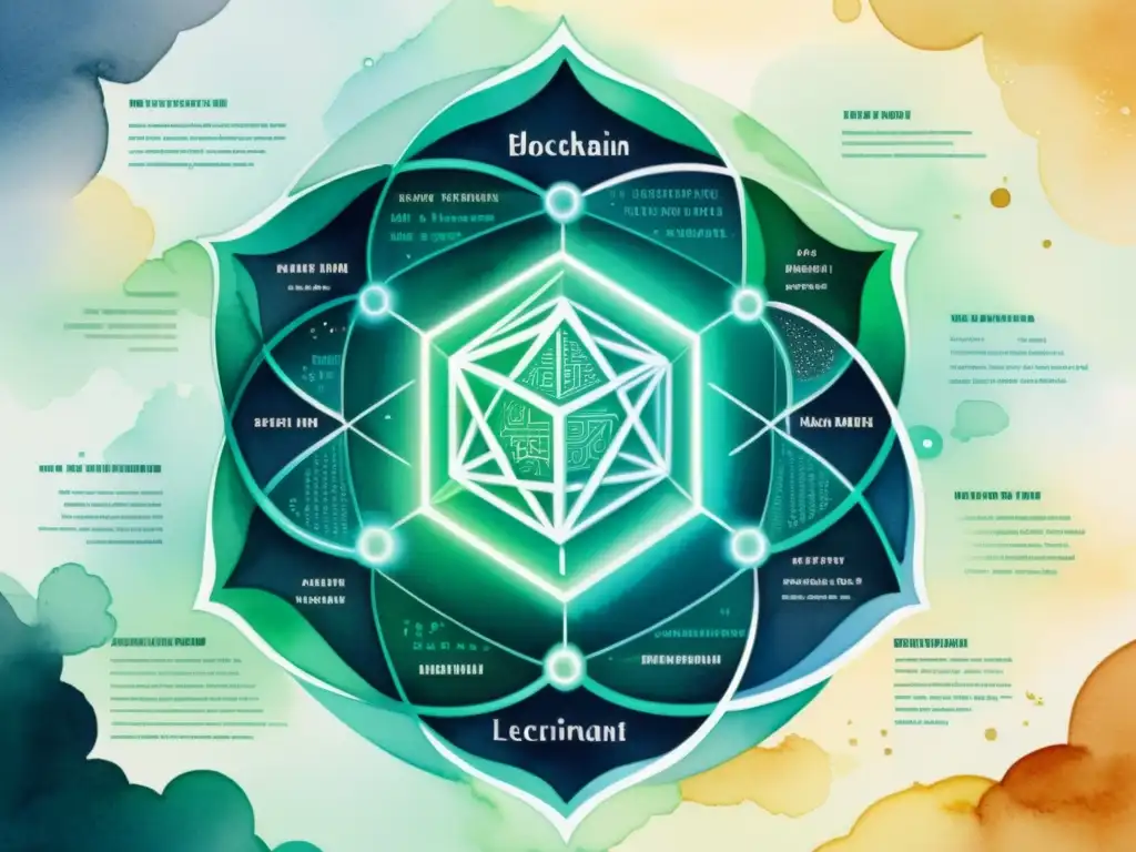 Una pintura acuarela detallada fusiona una red blockchain moderna con versos poéticos