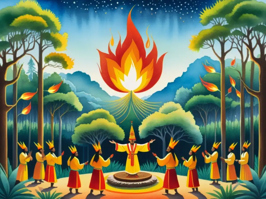 Una pintura acuarela detallada de un ritual Yajña en un claro forestal, con colores vibrantes de naranja, amarillo y rojo que representan las llamas, y gestos e ofrendas detallados