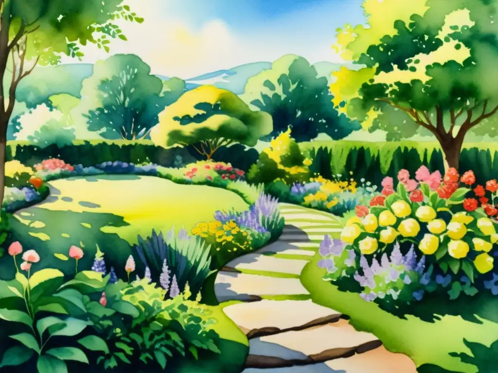 Pintura acuarela 8k de jardín sereno Una pintura acuarela 8k detallada de un jardín sereno con flores vibrantes y arroyos
