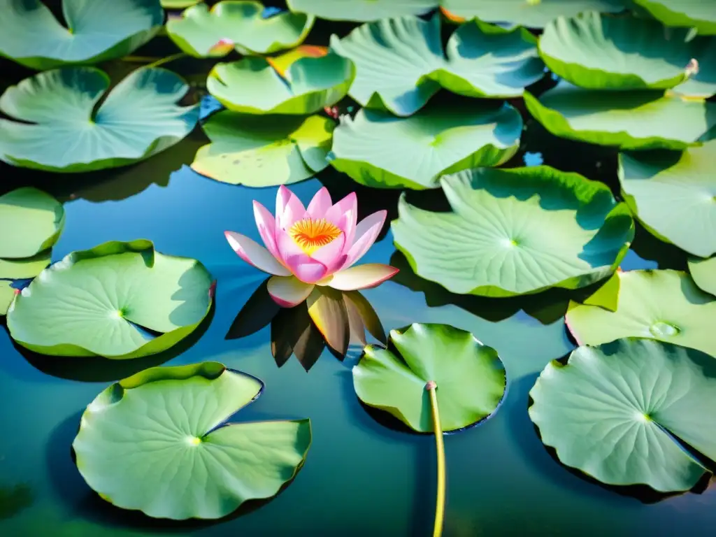 Una pintura acuarela detallada de un sereno estanque rodeado de hojas verdes de loto, con una vibrante flor de loto rosa en el centro