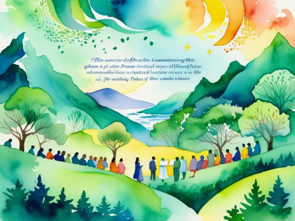 Vibrante foro poético en acuarela: conexión y creatividad Una pintura de acuarela detallada de un vibrante foro de poesía, donde los poetas se conectan en una atmósfera creativa y comunitaria