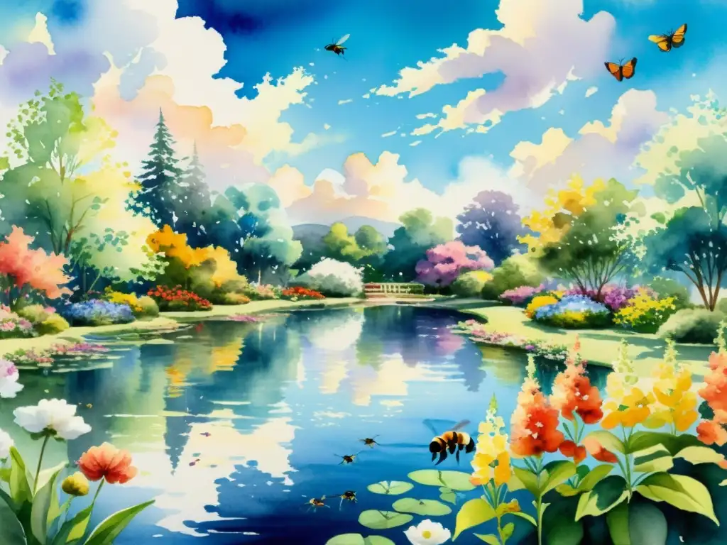 Jardín vibrante: acuarela de naturaleza en flor Una pintura de acuarela detallada de un jardín vibrante y floreciente con un estanque sereno en el centro, reflejando el cielo azul y nubes blancas