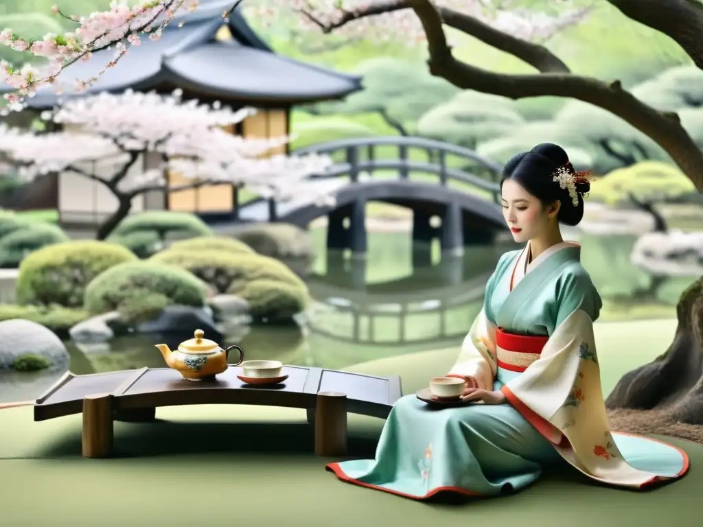 Una pintura acuarela de una elegante ceremonia del té japonés en un jardín sereno con geishas y árboles de cerezo en flor