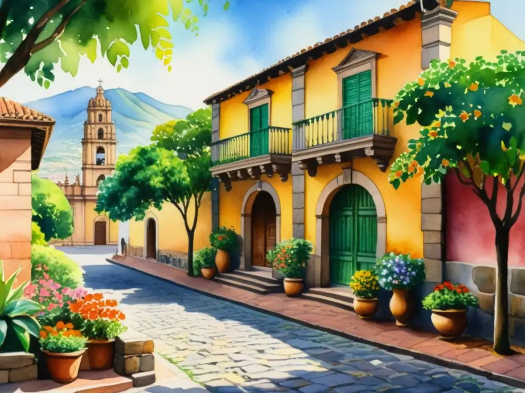 Una pintura acuarela de ensueño del Plantel de Morelia, con colores vibrantes que retratan la exuberante vegetación y flores