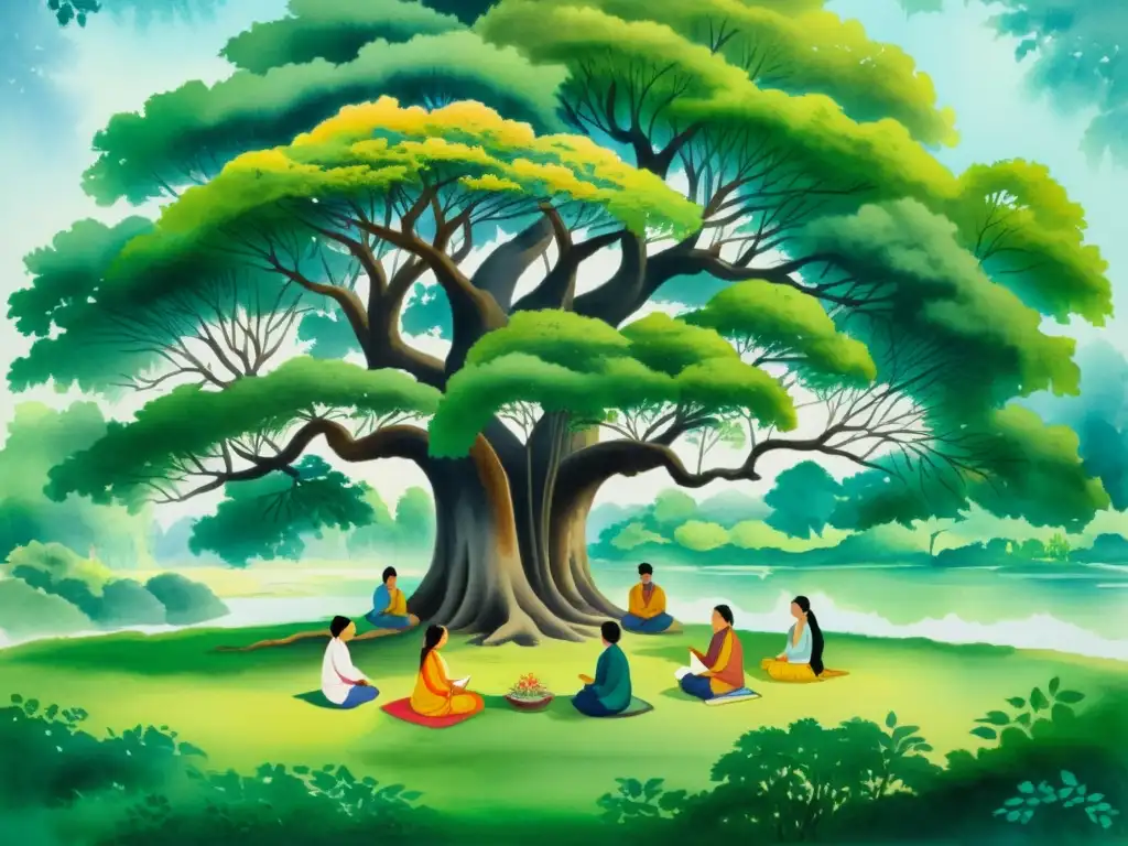 Una pintura acuarela detalla un escenario sereno en un bosque, con académicos recitando poesía sánscrita bajo un majestuoso árbol banyan