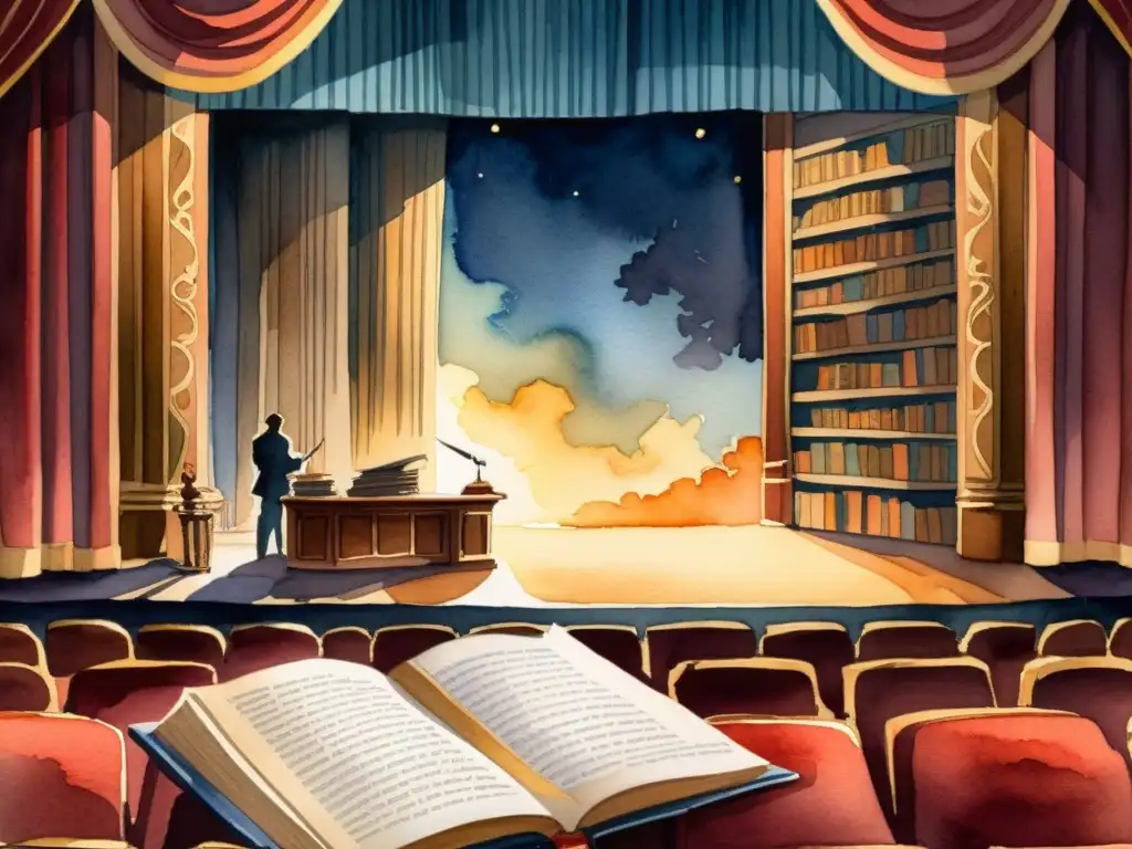 Una pintura acuarela de un escenario teatral iluminado con libros y pluma